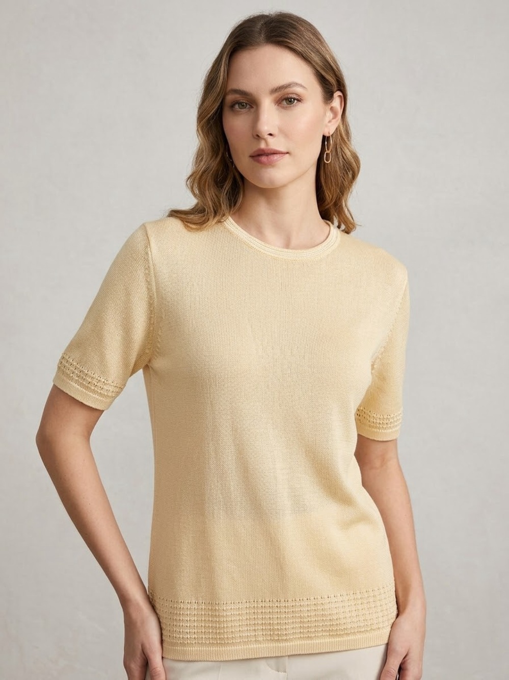 Franco Valeri Short-Sleeve Knit Sweater in creamy yellow